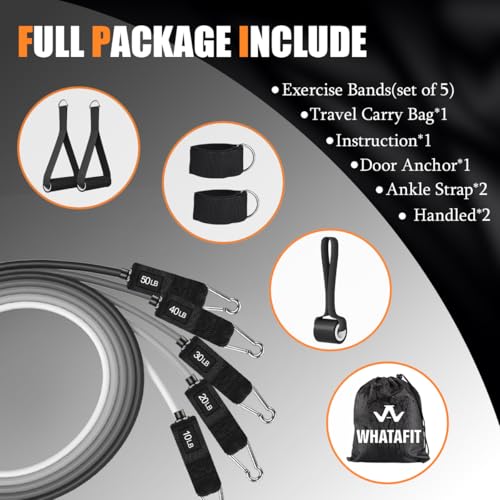 WHATAFIT Resistance Bands, Exercise Bands, Workout Bands with Handles, Door Anchor and Ankle Straps, 5 Resistance Levels Fitness Bands for Strength Training, Physical Therapy, and Home Gym Equipment