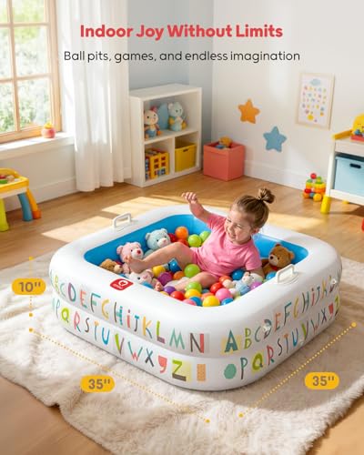 QPAU Baby Pool with Detachable Canopy for Sun Protection, 35" x 10" Portable Inflatable Kids Pool with Padded Bottom, Kiddie Pool & Ball Pit with Handles for Backyard and Indoor, Ages 1-3 (Blue)