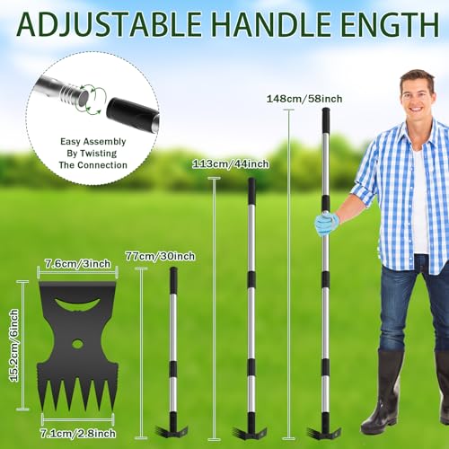 Weed Puller Tool with Long Handle – 2-in-1 Handle Garden Hoe and Weed Rake, Hoe Garden Tool for Home Gardens, Lawns, and Yards