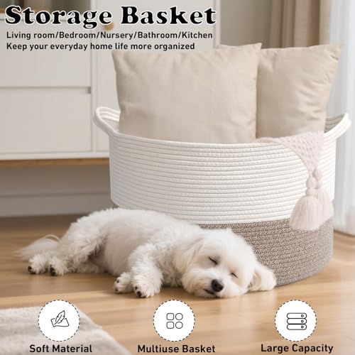 65L Large Woven Cotton Rope Blanket Basket with Handles, Laundry Hamper Storage Bin for Pillows, Clothes, Bedroom and Living Room Organization, White & Brown