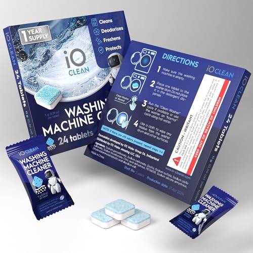 iO CLEAN Washing Machine Cleaner Descaler Tablets, 24 Count (1 Year Supply) – Deep Clean Washer Cleaner Tablets for HE Front Load & Top Load – Unscented Washing Machine Descaler for Odor Control