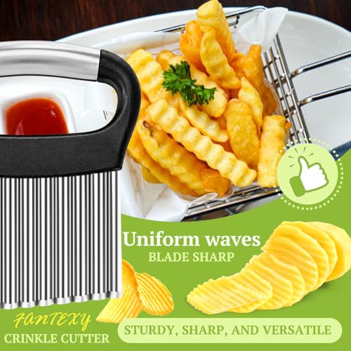 FANTEXY Crinkle Cutter for Veggies, Stainless Steel French Fry Cutter for Potatoes Cucumbers Carrot, Crinkle Cut Knife Wavy Chopper Waffle Fry Cutter, Black