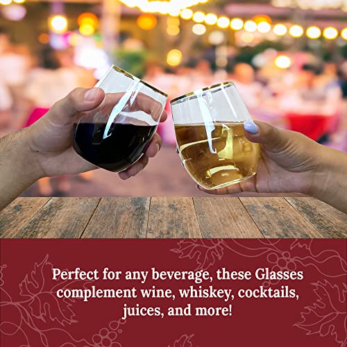 Reli. 12oz. Disposable Wine Glasses Gold-Rim (20 Pack) Stemless Crystal Clear | Reusable & Recyclable BPA-Free Food-Grade Plastic | Shatterproof Party Cups for Juices, Cocktails, Whiskey Any Occasion