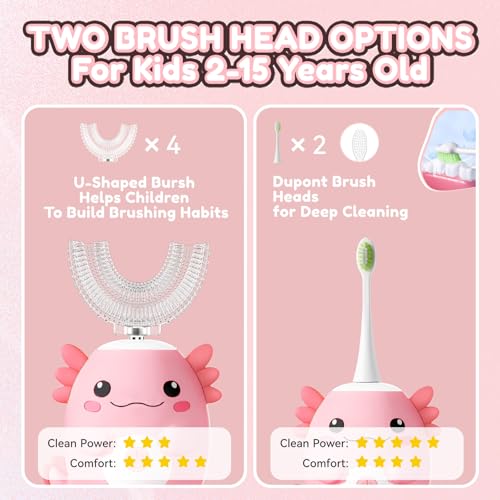 Kids Electric U Shaped Toothbrush - Axolotl Kids Cartoon Sonic Automatic Toothbrush with 6 Brush Heads Full Mouth 6 Cleaning Modes - Age2-15 Pink