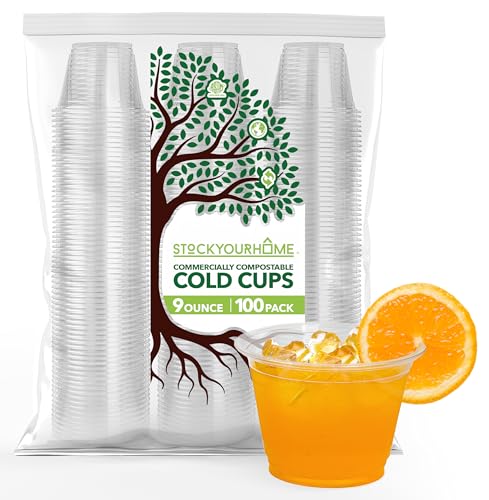 Stock Your Home Commercially Compostable Cups, 9oz (100 pack) Clear Plastic Cold Cups, Disposable Cups for Parties & Everyday Use