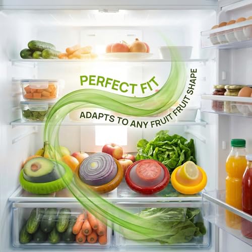 5PCS Avocado Saver & Produce Saver Set – 4 Reusable Silicone Fruit Storage Pods + Fruit Peeler, Tomato Holder, Onion Keeper, Lemon Saver for Fridge, Office Snacks & Camping