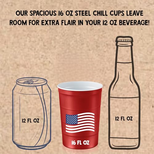 Steel Chill Cups 16 oz. Party Cups Flag Design for Cold Drinks, Sturdy and Durable, Disposable, Recyclable, Made in USA, Patriotic, Red, 12 Count