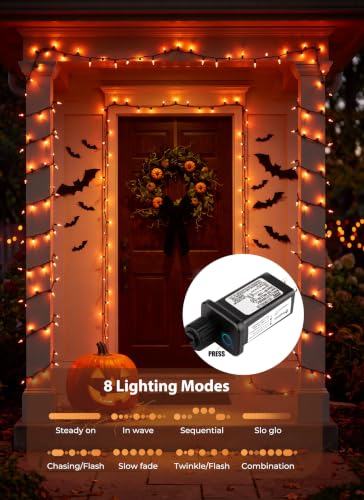Orange LED Outdoor Halloween Lights, Halloween Decorations, 39 FT 100 LED Mini Lights with 8 Lighting Modes,Connectable String Light Plug in for
