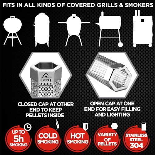 LIZZQ Premium Pellet Smoker Tube 12" (Set of 2) - 5 Hours of Billowing Smoke, Hot or Cold Smoking, for Any Grill or Smoker, An Easy and Safe Way to Provide Smoking, Free eBook Grilling Ideas & Recipes