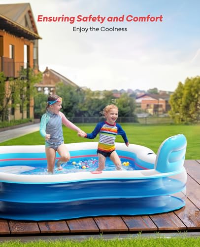 QPAU Inflatable Swimming Pool with 2 Seats and Backrests, 80" L x 80" W x 16.5" D Large Full-Sized Family Pools for Kids and Adults for Backyard, Garden, Outdoors, Clear Blue