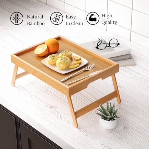 VERTORGAN 3 Pack Bamboo Bed Tray Table with Folding Legs,Breakfast Trays,Serving Tray,Laptop Tray for Working,Food Snack Tray for Bed and Sofa(Natural)