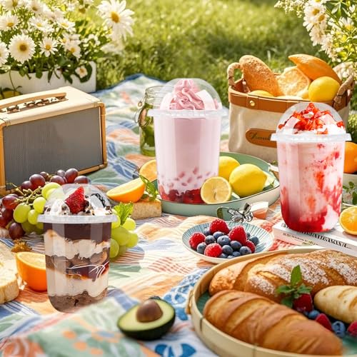 Kosotody 50 Pack 16oz Clear Plastic Parfait Cups with Dome Lids (No Hole) and Sporks Disposable Fruit Cups for Dessert,Yogurt,Pudding,Snacks,Fruits,Bakeries,Ice Cream