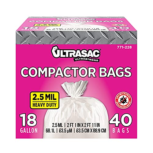 Ultrasac Trash Compactor Bags - (40 Pack with Ties) 18 Gallon for 15 inch Compactors - 25" x 35" Heavy Duty 2.5 MIL Garbage Disposal Bags Compatible with Kitchenaid Kenmore Whirlpool GE Gladiator