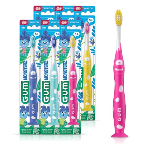 GUM Monsterz Jr Kids Toothbrush, Soft Bristles with Suction Cup Base, Ages 5+, 1 Count (Pack of 6)