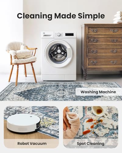 AMADA HOMEFURNISHING 8x10 Washable Area Rug, Low-Profile with Non-Slip Backing & Durable Edge Binding, Vintage Large Rugs for Living Room, Bedroom, Dining Room, Blue