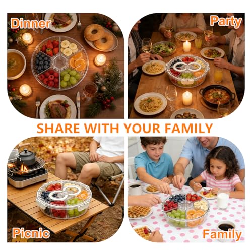 Rotating Divided Serving Tray with Lid & Handle, 6 Compartment Snack Box Container,Portable Snack Organizer for Fruits, Candy, Veggies – Ideal for Kitchen, Party, Travel, Picnic (1 Pack)