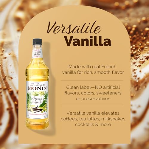 Monin - French Vanilla Syrup with Monin BPA Free Pump, Boxed, Versatile Flavor, Natural Flavors, Great for Coffees, Cocktails, Shakes, and Kids Drinks, Non-GMO, Gluten-Free (1 Liter)