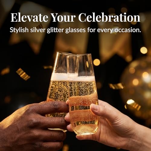 Prestee 24 Plastic Champagne Flutes - 9oz Heavy Duty Stemless Champagne Glasses for Parties - Disposable Clear Plastic Toasting Glasses, Mimosa Glass for New Year’s Eve Party Supplies