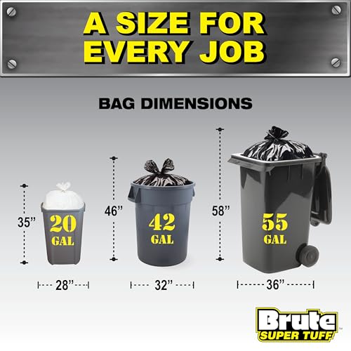 Brute Super Tuff Heavy Duty 2.2 MIL Contractor Bags, Extra Large Trash Bags, Twist Tie Closure, Black, 55 Gallon, 15 Count