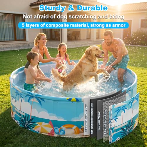 Foldable Swimming Pool for Kids 62.9"x17.7" Hard Plastic Portable Dog Pool Anti-Slip Collapsible Pets Bathtub Kiddie Pool Indoor Outdoor Backyard (Beach Party 63'')