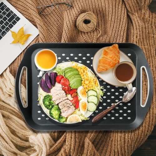 1PCS Large Non-Slip Serving Tray with Handles TV Lap Trays for Eating on Couch Food Serving Tray with Silicone Grippy Dots for Dinner Snack Fruit Dessert Breakfast (Black - 1pcs)