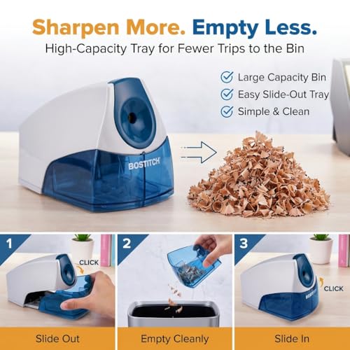 Bostitch Office Electric Pencil Sharpener for Classroom & Desk Use, Heavy-Duty Stall-Free Motor, High-Capacity Shavings Tray, Blue