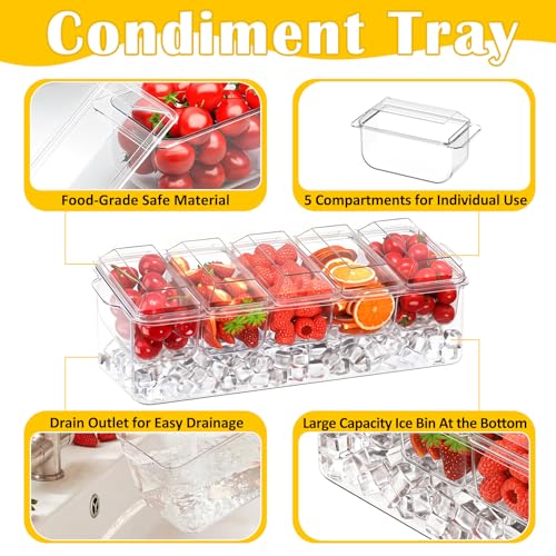 ARSTPEOE Condiment Tray, Chilled Condiment Server for Home, Party, Celebration, Bar Garnish Holder on Ice, Bar Accessories Fruit and Salad with Removable Trays and Lids (5 Spoons & 2 Tongs)