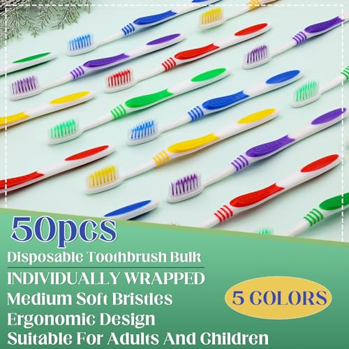 Comdian 50 Pcs Toothbrush Bulk Disposable, Travel Toothbrushes Pack, Soft Bristle Individually Wrapped and Good Cleaning for Kids, Adult and The Elderly. Suitable for Hotel, Travel, Home, Donated