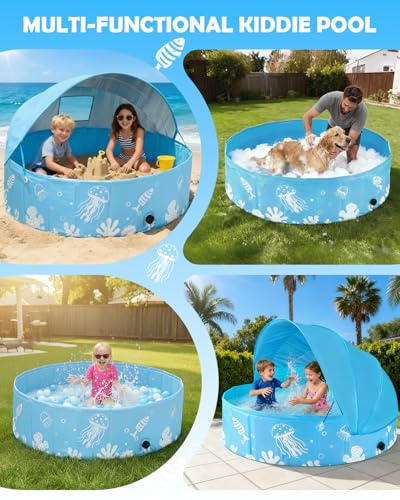 Foldable Kiddie Pool with Canopy UPF 50+, 47 Inch Non-Inflatable Swimming Kids Pool, Baby Pool for Toddler 1-3, Dog Pools for Backyard, Portable Water Play for Outdoor Backyard Beach, Blue
