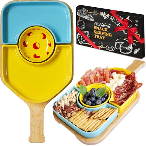 Pickleball Paddle Snack Tray Set, Ceramic Serving Plates with Bamboo Charcuterie Board, Paddle Appetizer Platter for Parties, Unique Pickleball Mothers Day Gifts for Mom
