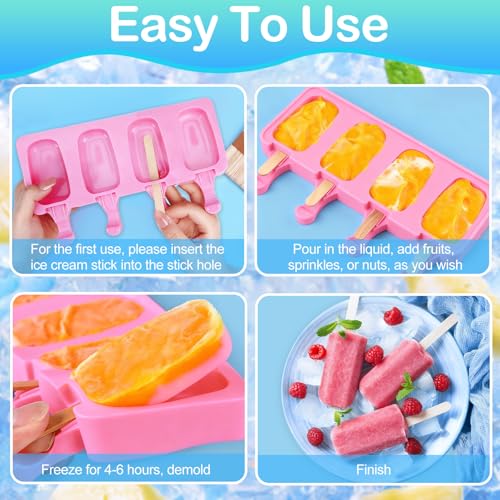 6 Set Small Silicone Popsicle Molds Ice Cream Mould 4 Cavity Ice Lolly Mold Oval Cake Pop Mould with 300 Pieces Wooden Sticks for DIY Cream Popsicle Cake, Pink Blue Green