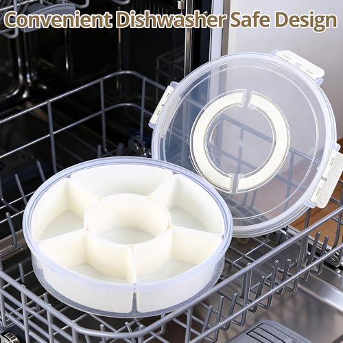 2 Packs Divided Serving Tray with Lid and Handle, Portable Round Snackle Box Container with 6 Compartments, Snack Bento Box for Party, Picnic, Travel, Beige