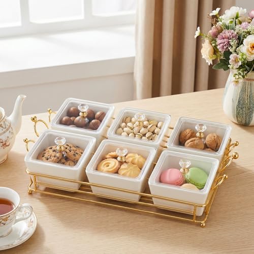 YA JU Ceramic Bowls and with Lid Gold Basket Trays, 6 Removable Small Bowls Condiment Trays Nut Serving Set for Snacks, Fruits, Candy and Condiments -Great for Parties, Holiday Gifts, White
