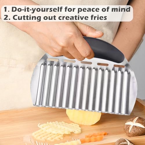 JAYVAR Large Crinkle Cutter French Fry Cutter, Large Crinkle Potato Slicer Wavy Chopper, Stainless Steel Wavy Slicer Crinkle Cutting Chopping Tools with Handle for Carrot Vegetable