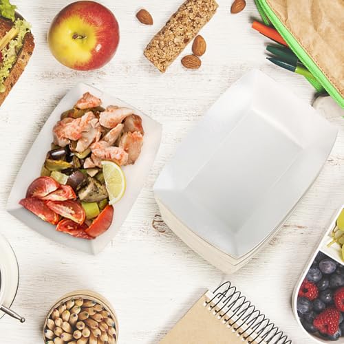Oomcu 100 Pack 3 lb Heavy Duty Disposable Kraft White Paper Food Trays,Take Out Food Serving Boats Baskets Trays for Party Snacks French Fries Nachos Hot Dogs Tacos BBQ