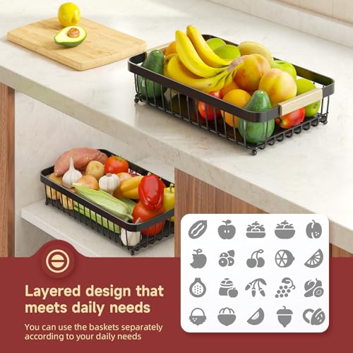 2 Tier Large Fruit Basket for Kitchen Counter with 2 Mobile Banana Hangers, 2026 Pro Detachable Metal Fruit Bowl with Wooden Handle, Fruit Holder for Bread Snack Veggies with Protective Mats