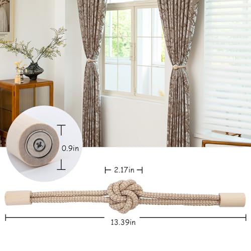 Magnetic Curtain Tiebacks Holdbacks - Wood Tie Backs Rope Holder with Floral Knot Design for No Drill Easy Install, Modern Boho Home Decor (2Pack, Beige)