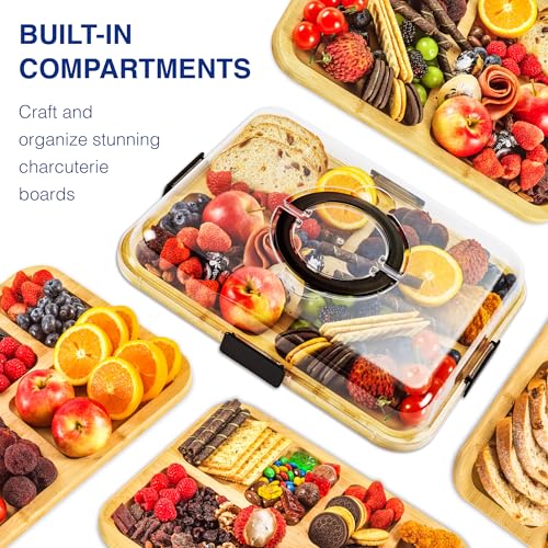 Charcuterie Board with Clear Lid, Portable 6-Compartment Cheese & Snack Tray, Reversible Bamboo Cutting Board, Secure Latch Closure for Picnics, Parties & Light Travel, Housewarming Gift