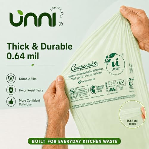 UNNI 1.6 Gallon Compostable Trash Bags with Tie Handles, 50 Count Small Food Scrap Kitchen Compost Bags for Countertop Bin, Certified by BPI, CMA & OK compost HOME, Meets ASTM D6400