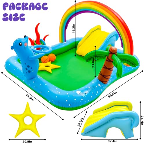 Inflatable Play Center Pool with Water Slide, 90.6 X 77.6in Rainbow Sprinkler Arch & Seal Design Kiddie Pool for Kid's Summer Backyard Splash Toy with Slide, Sprinkler & Play Area