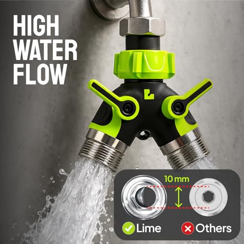 LIME 2 Way Hose Splitter Heavy Duty - Metal Y Garden Hose Splitter with Shutoff Valves, Brass Outdoor Faucet Adapter for Spigot, 3/4 Inch GHT Water Hose Connector