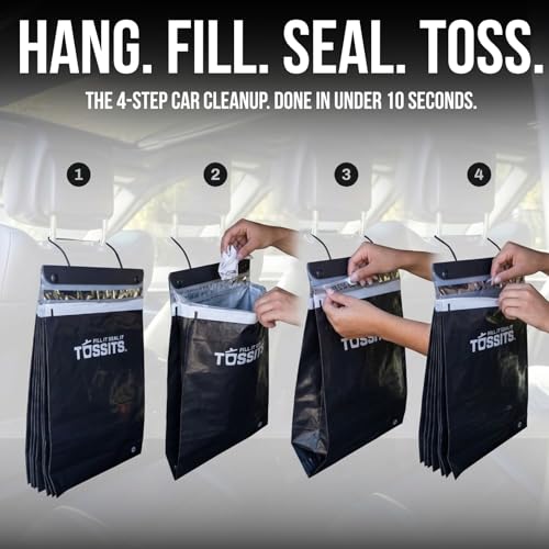 Tossits Recycled Disposable Car Trash Bags – Leakproof, Smell Proof Hanging Garbage Bags for Car, Truck, SUV, RV & Vehicle – Black, 7 Count Disposable Automotive Trash Bags