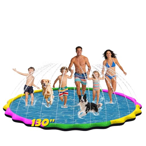 130” Extra Large Non-Slip Splash Pad for Kids & Dogs, 11FT Outdoor Water Sprinkler Pad, 0.5mm Thickened Tear-Resistant PVC, Kids Water Toy & Dog Pool for Backyard Family Fun
