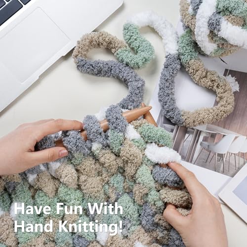 Cozyful Chunky Yarn for Hand Knitting - #10 Chunky Chenille Blanket Yarn, Jumbo Big Thick Chunky Yarns for Crocheting, Tie Dye Bulky Knit Yarns, 8 Skein (20 yds 8 oz Each Skein), Cream&Sage&Grey&Khaki