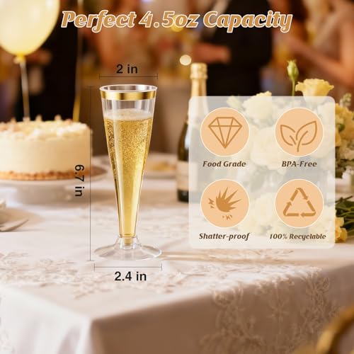 20 Pack Champagne Flutes Plastic Wine Glasses Disposable, 4.5 Oz Gold Rim Mimosa Glasses for 2026 Engagement Wedding Birthday Women's Day Party Supplies, Bulk Toasting Cocktail Cups