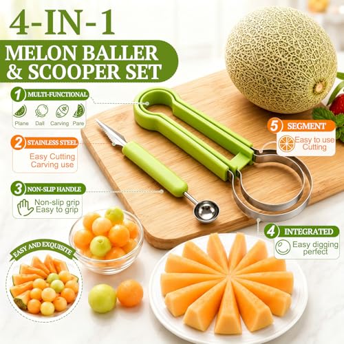 Suuker 4 in 1 Melon Baller Scoop Set, Stainless Steel Fruit Cutters Shapes, Watermelon Scooper and Baller, Fruit Carving Tools (Green)