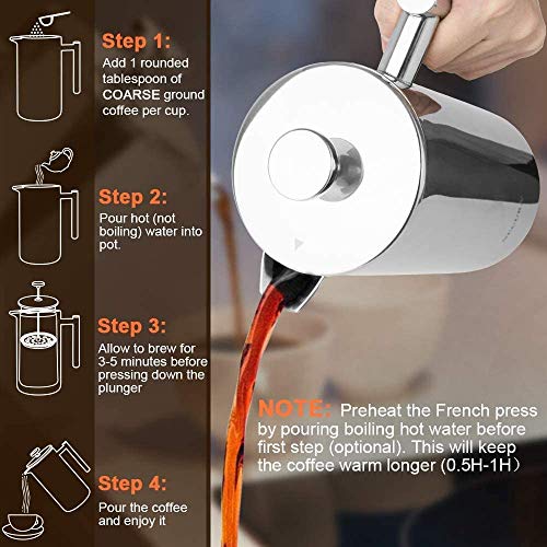 Secura French Press Coffee Maker, 304 Grade Stainless Steel Insulated Coffee Press with 2 Extra Screens, 12oz (0.35 Litre), Silver