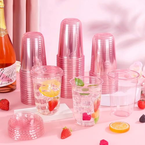 KesaPlan 50 Pack 16 oz Pink Plastic Party Cups with Sip Lids, Disposable Iced Coffee Cup with Lid, Round Bottom Stemless Glasses Drinking Cups for Valentine's Galentine's Bachelorette Party Holiday