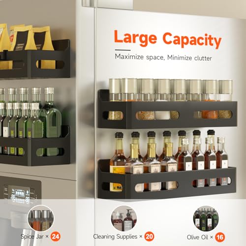4-Pack Magnetic Spice Rack for Refrigerator with Hooks, Black