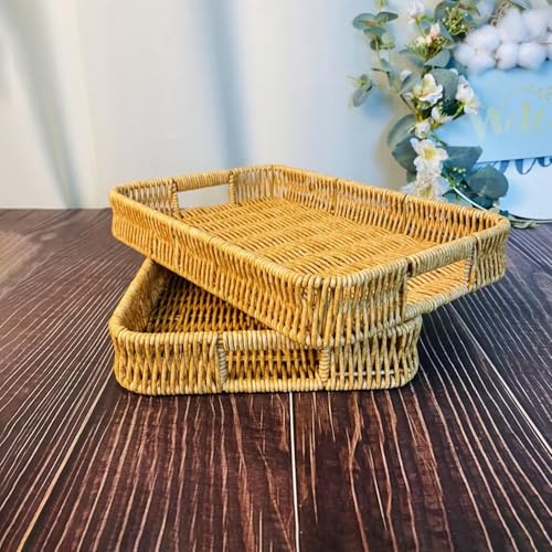 2 Pack Rectangle Rattan Serving Trays with Handles, Decorative Woven Wicker Organizer Baskets Storage Tray for Coffee Table, Bread, Fruit, Snacks